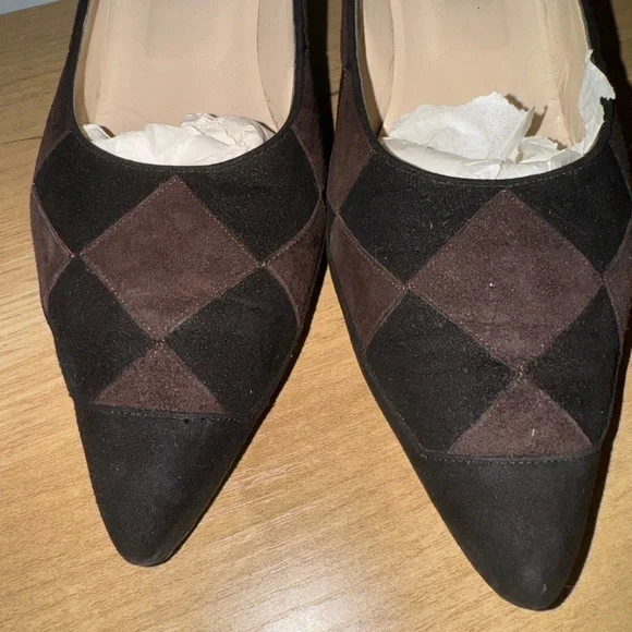 Vintage Manolo Blahnik Kitten Heels Brown and Black Checkered Suede‎ Size 39.5 - Picture 3 of 9